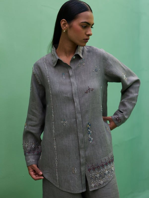 Kira Hand-Embroidered Linen Shirt - Grey