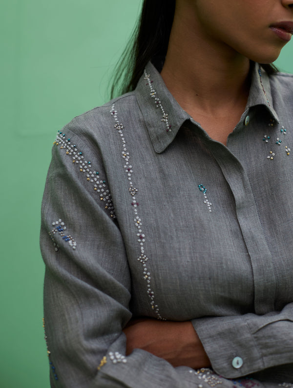 Kira Hand-Embroidered Linen Shirt - Grey