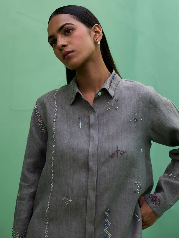 Kira Hand-Embroidered Linen Shirt - Grey