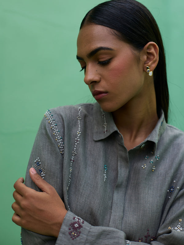 Kira Hand-Embroidered Linen Shirt - Grey