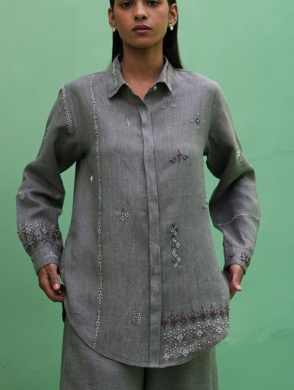 Kira Hand-Embroidered Linen Shirt - Grey