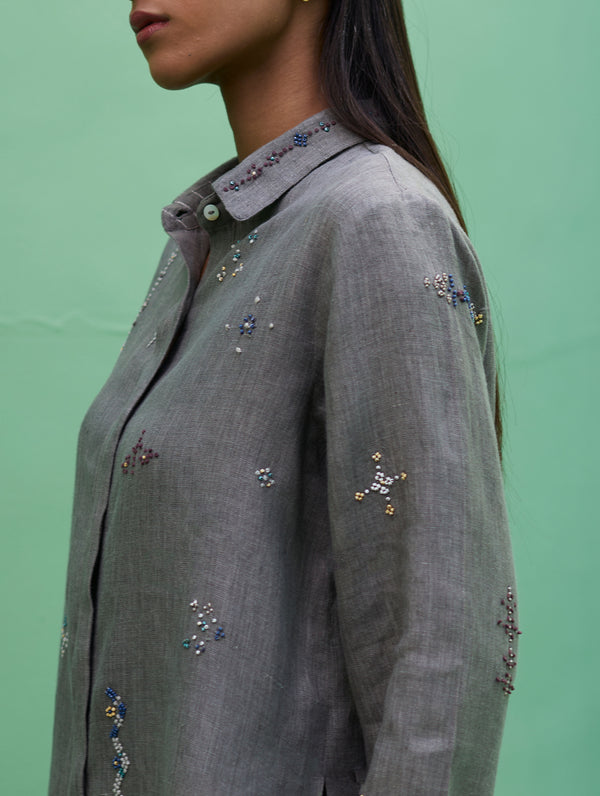 Kira Hand-Embroidered Linen Shirt - Grey