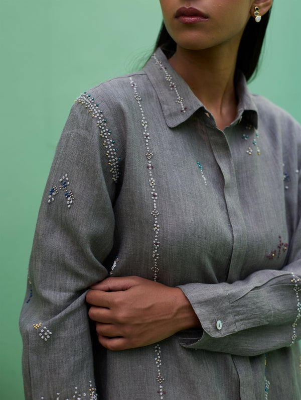 Kira Hand-Embroidered Linen Shirt - Grey