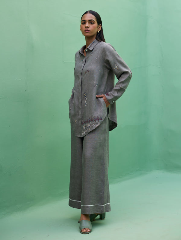 Kira Hand-Embroidered Linen Shirt - Grey