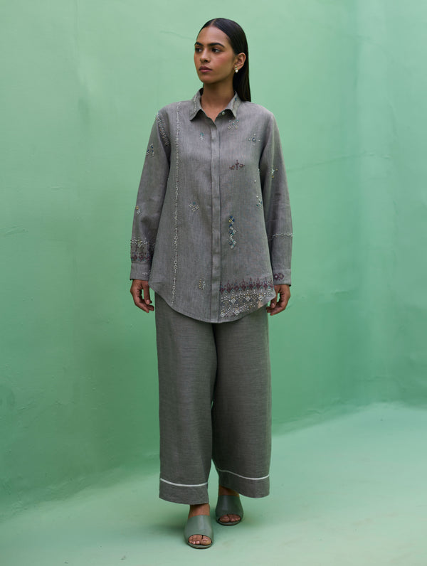 Kira Hand-Embroidered Linen Co-ord Set - Grey