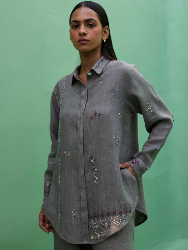 Kira Hand-Embroidered Linen Shirt - Grey