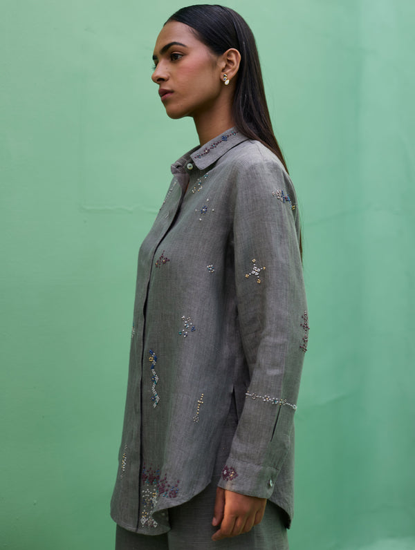 Kira Hand-Embroidered Linen Shirt - Grey
