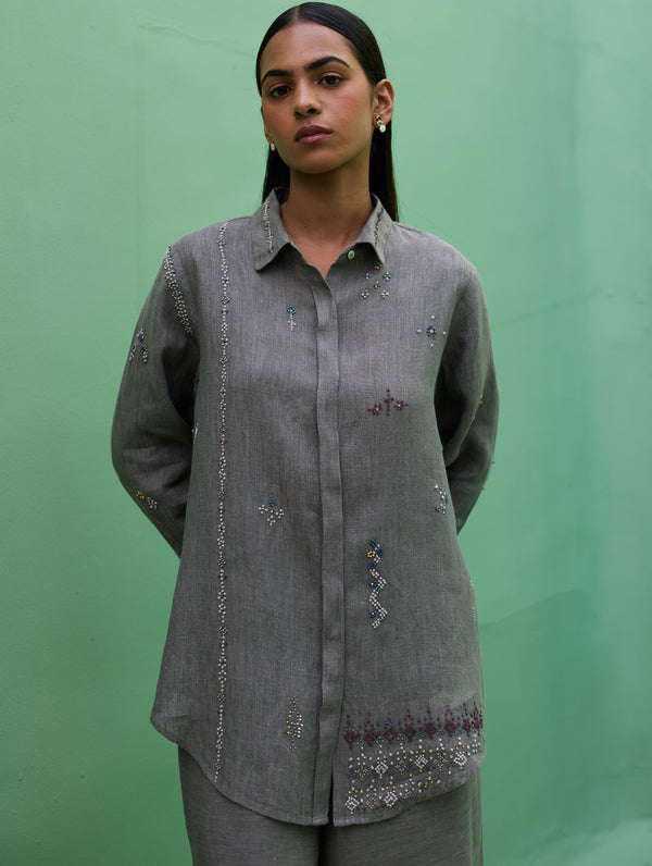 Kira Hand-Embroidered Linen Shirt - Grey