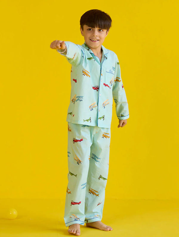 Vintage Planes Sky Blue Pima Pajama Set For Kids