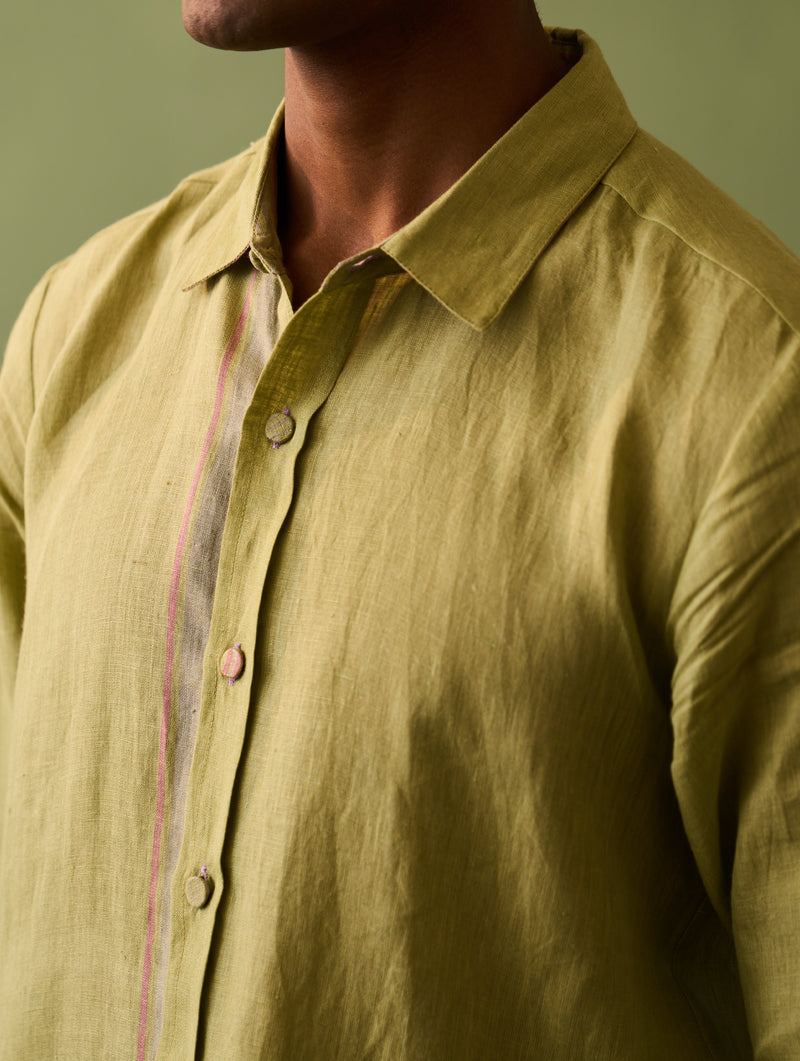 Jiro Border Linen Shirt - Fern