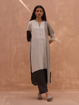 Mila Color-Blocked Linen Kurta Set - Charcoal