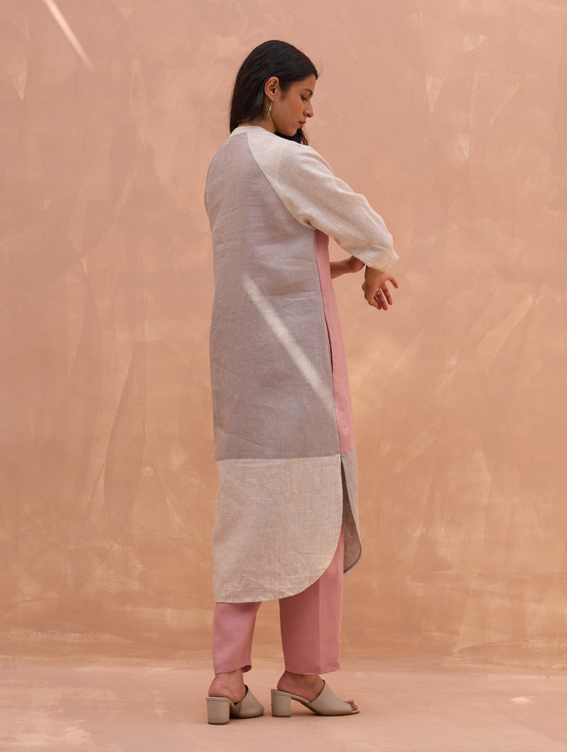 Lila Color-Blocked Linen Kurta - Rose