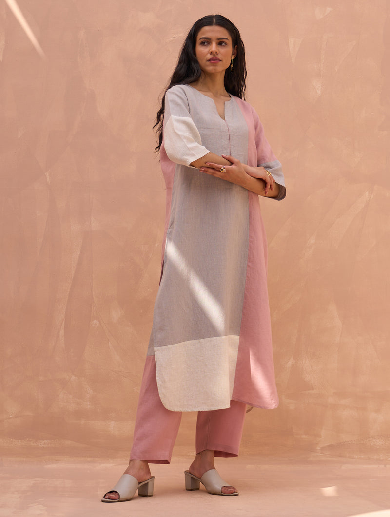 Mila Color-Blocked Linen Kurta Set - Rose