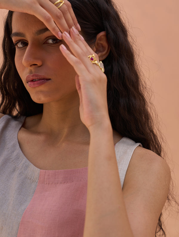 Ikis Color-Blocked Linen Shift Dress - Rose