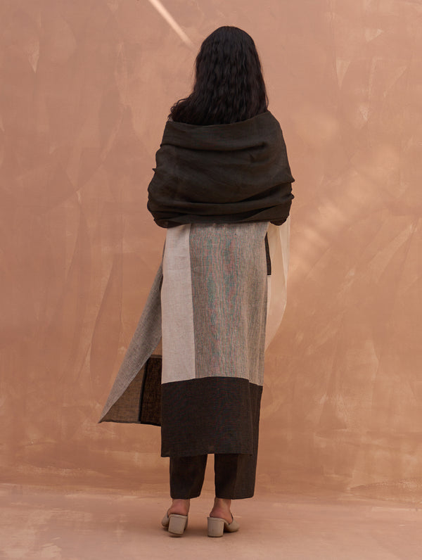Mila Color-Blocked Linen Kurta Set - Charcoal