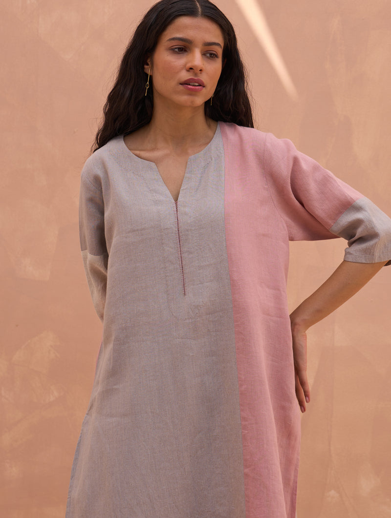 Mila Color-Blocked Linen Kurta Set - Rose