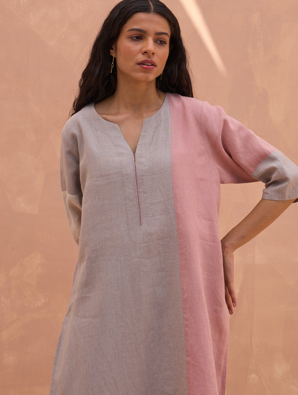 Mila Color-Blocked Linen Kurta - Rose