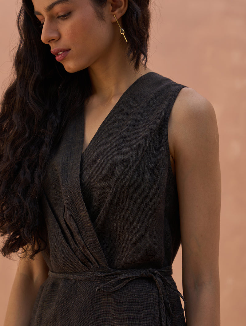 Maya Linen Wrap Dress - Charcoal