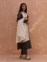 Mila Color-Blocked Linen Kurta Set - Charcoal