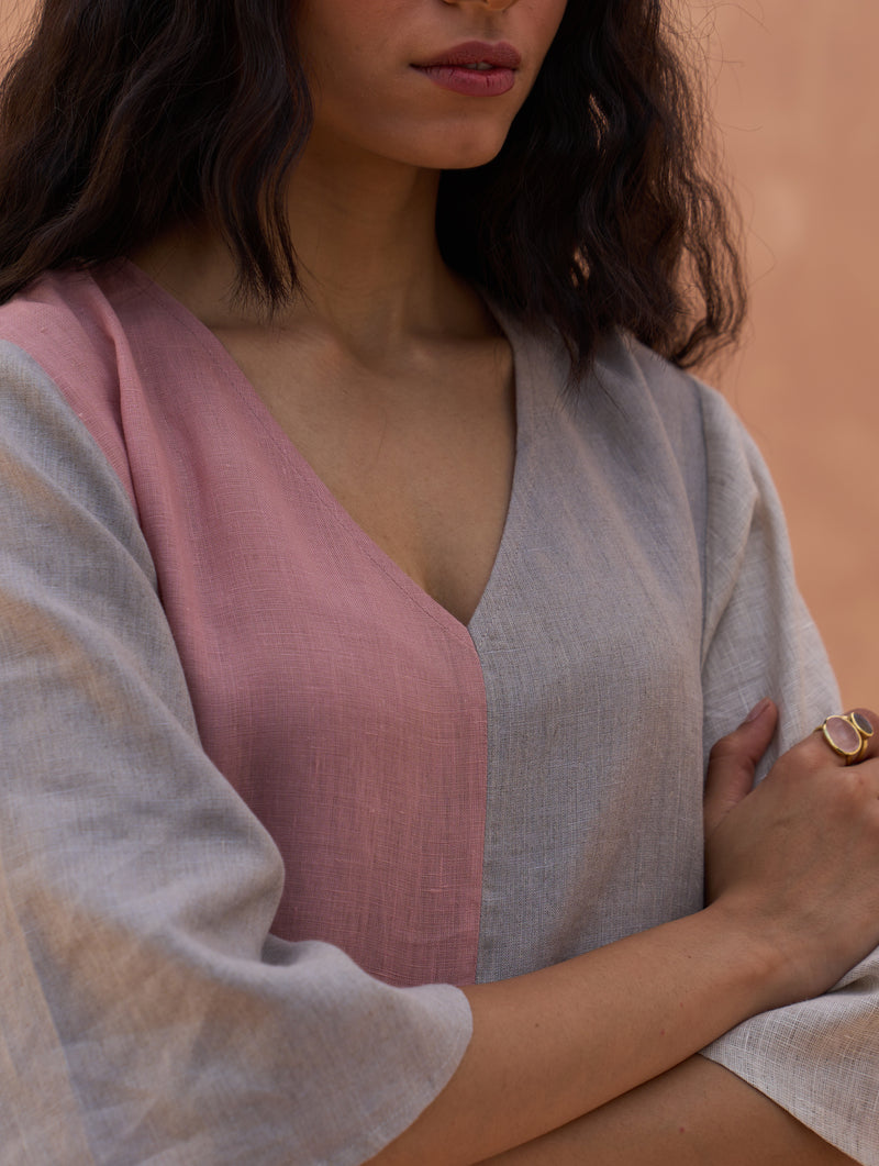 Adelina Color-Blocked Linen Dress - Rose