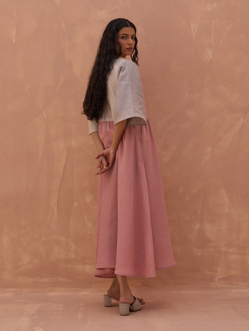 Adelina Color-Blocked Linen Dress - Rose