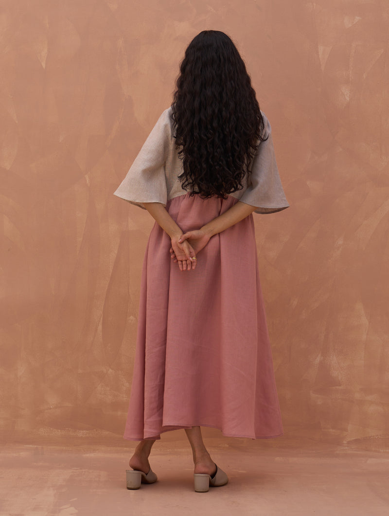 Adelina Color-Blocked Linen Dress - Rose