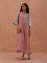 Adelina Color-Blocked Linen Dress - Rose