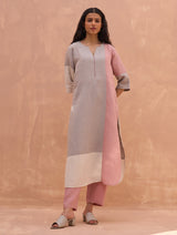 Mila Color-Blocked Linen Kurta Set - Rose