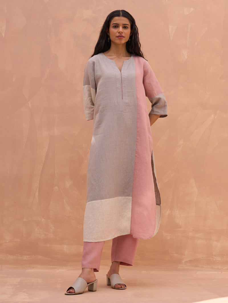 Mila Color-Blocked Linen Kurta Set - Rose