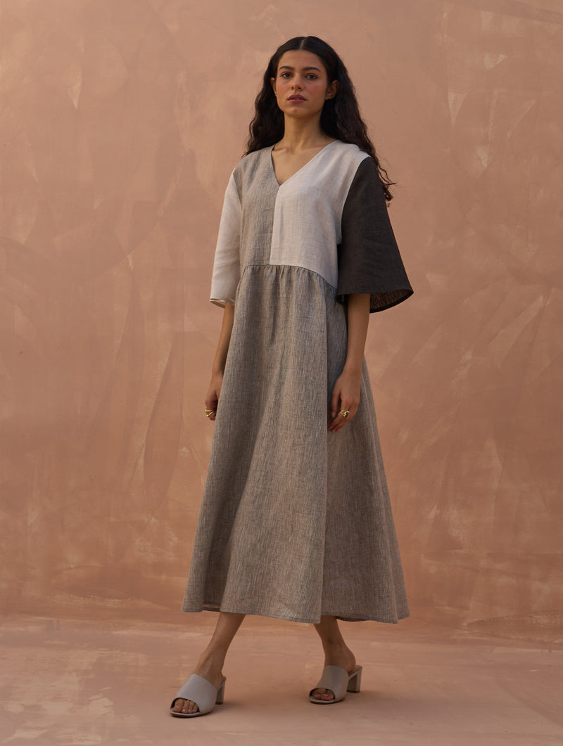 Adelina Color-Blocked Linen Dress - Charcoal