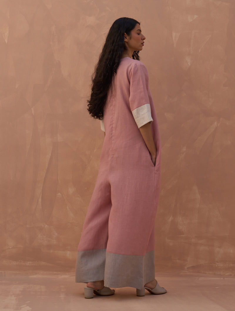 Anahi Color-Blocked Linen Jumpsuit - Rose