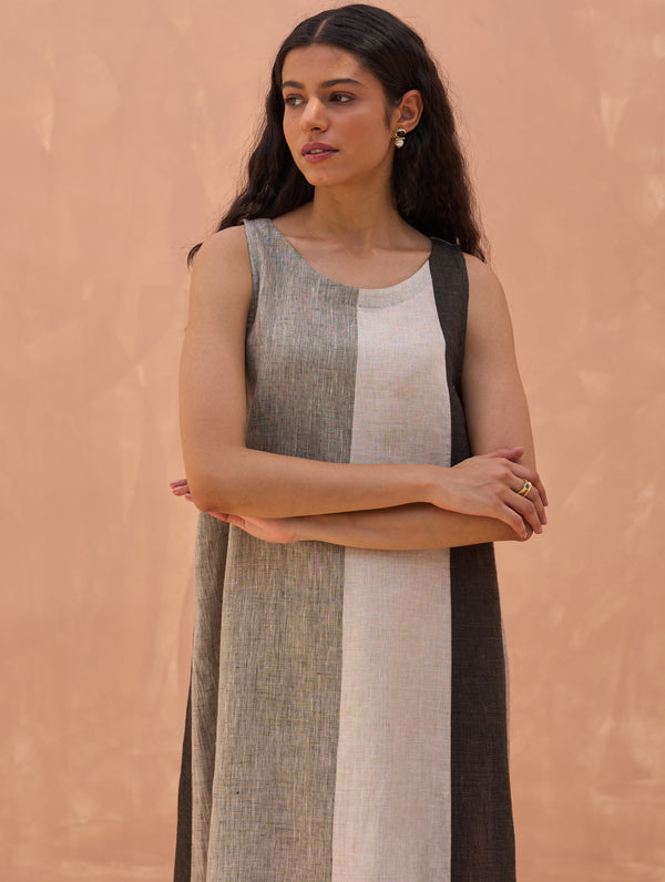 Ikis Color-Blocked Linen Shift Dress - Charcoal
