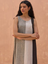 Ikis Color-Blocked Linen Shift Dress - Charcoal