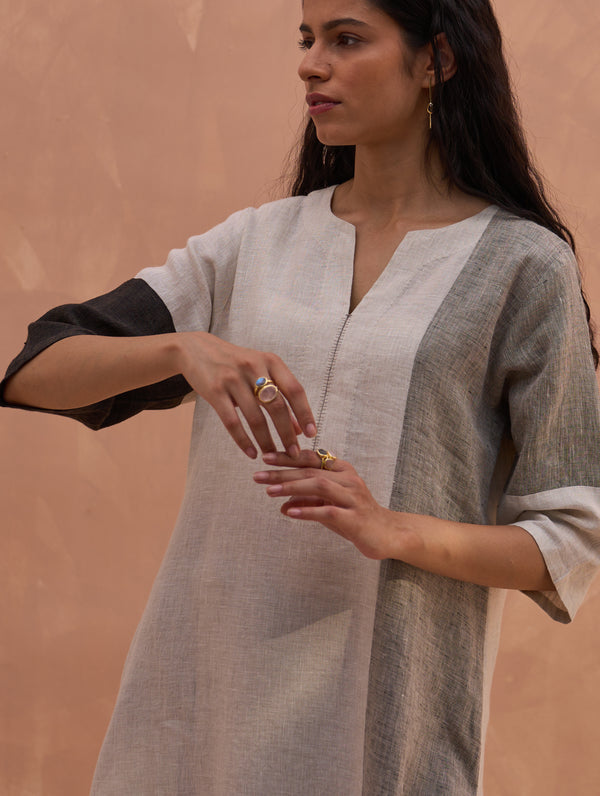 Mila Color-Blocked Linen Kurta Set - Charcoal