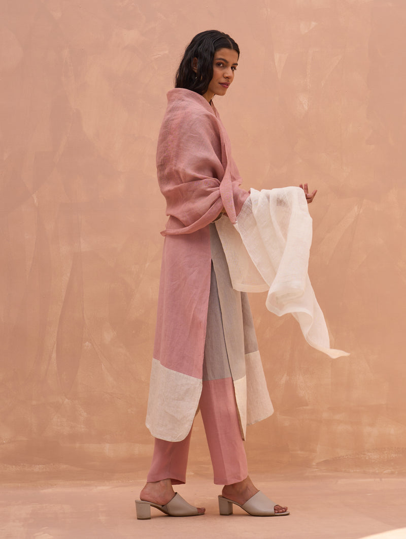 Mila Color-Blocked Linen Kurta Set - Rose