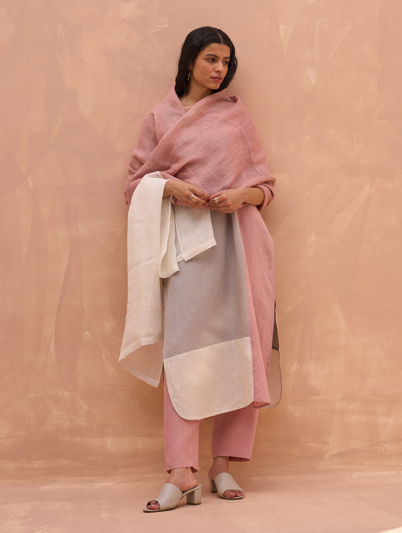 Mila Color-Blocked Linen Kurta Set - Rose