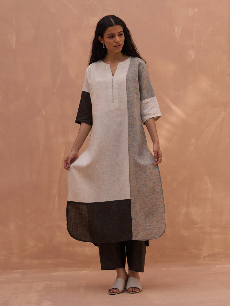 Mila Color-Blocked Linen Kurta Set - Charcoal