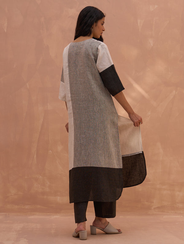 Mila Color-Blocked Linen Kurta Set - Charcoal