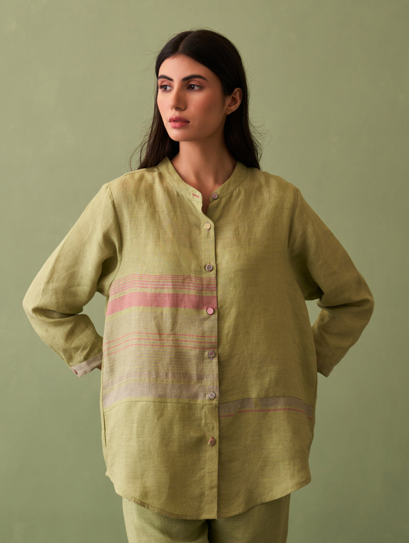 Resa Border Linen Shirt - Fern