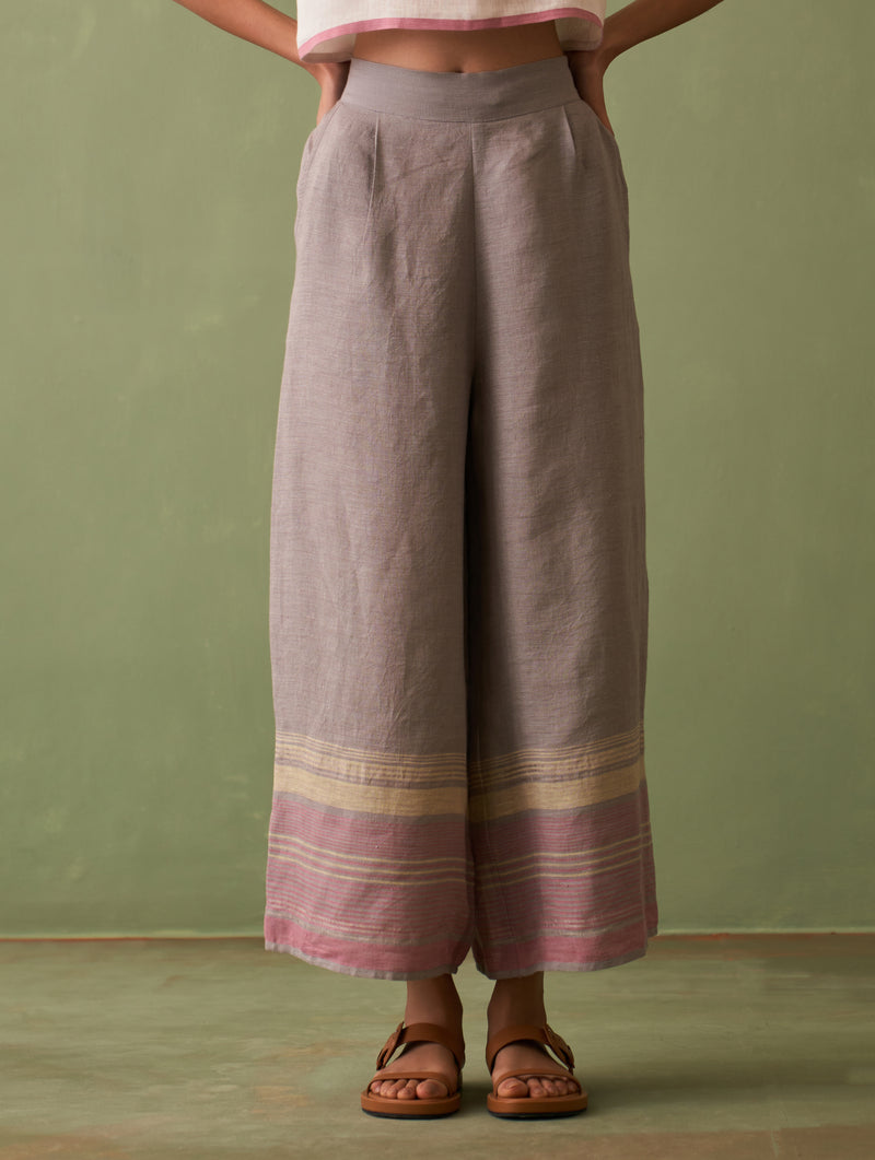 Vana Border Linen Pant - Ash
