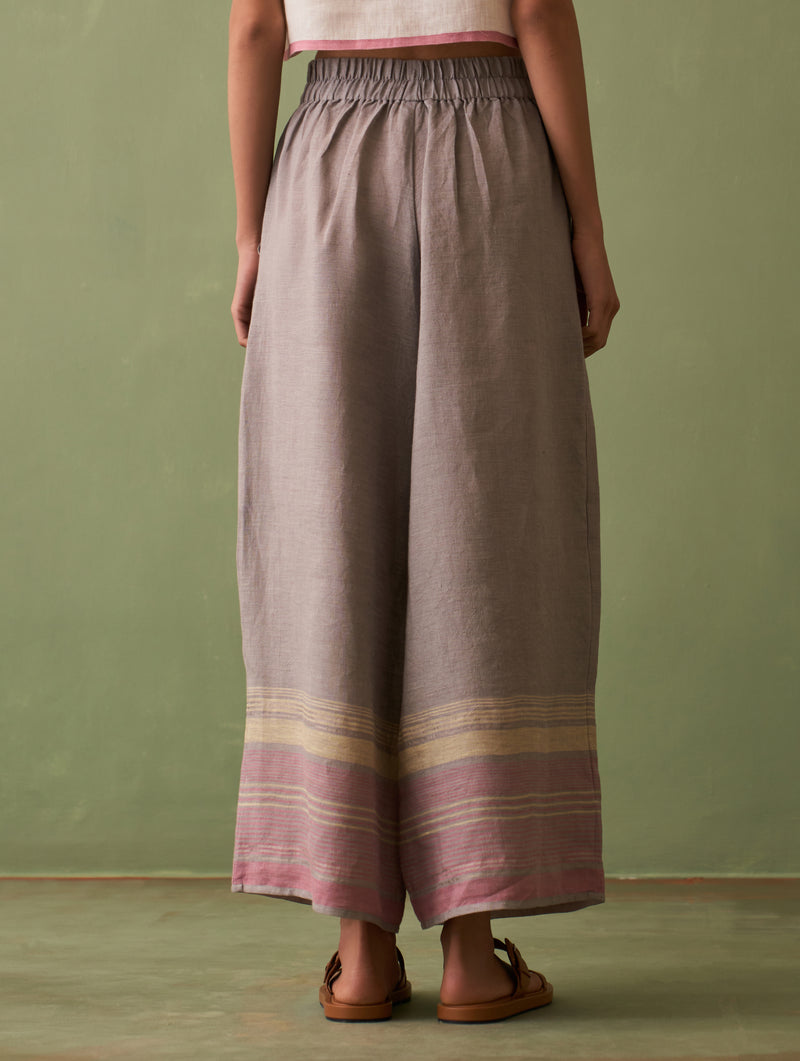 Vana Border Linen Pant - Ash