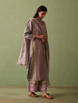 Shaza Border Linen Kurta Set - Ash