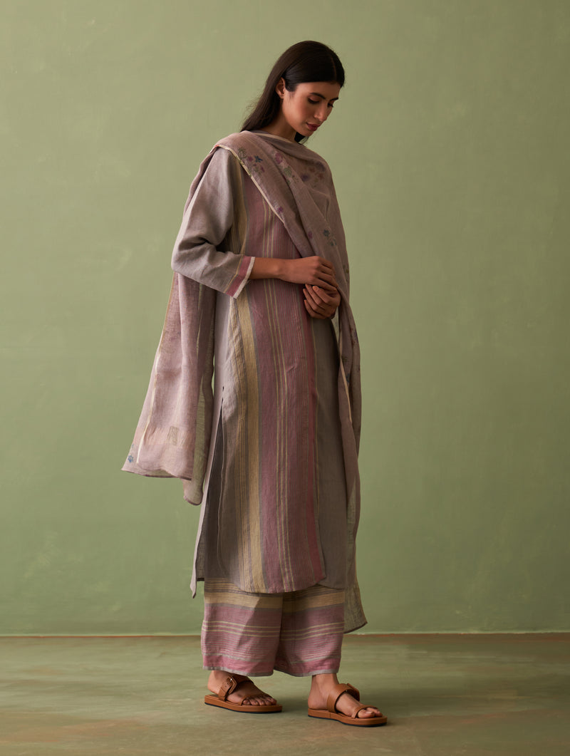 Shaza Border Linen Kurta Set - Ash