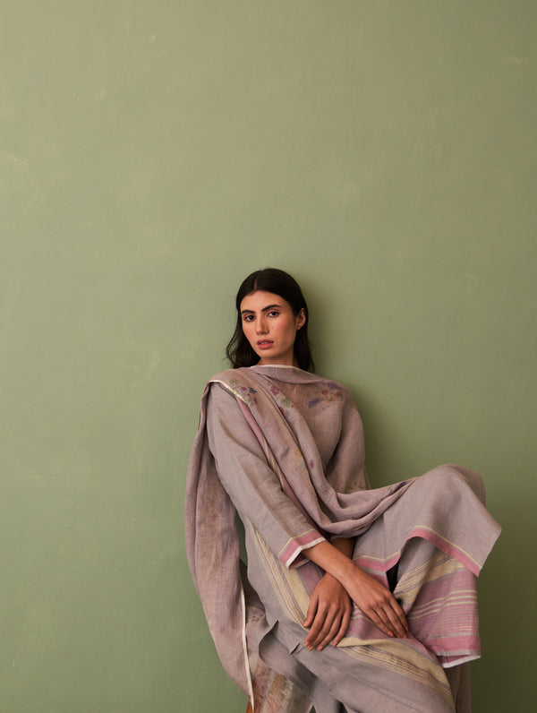 Shaza Border Linen Kurta Set - Ash