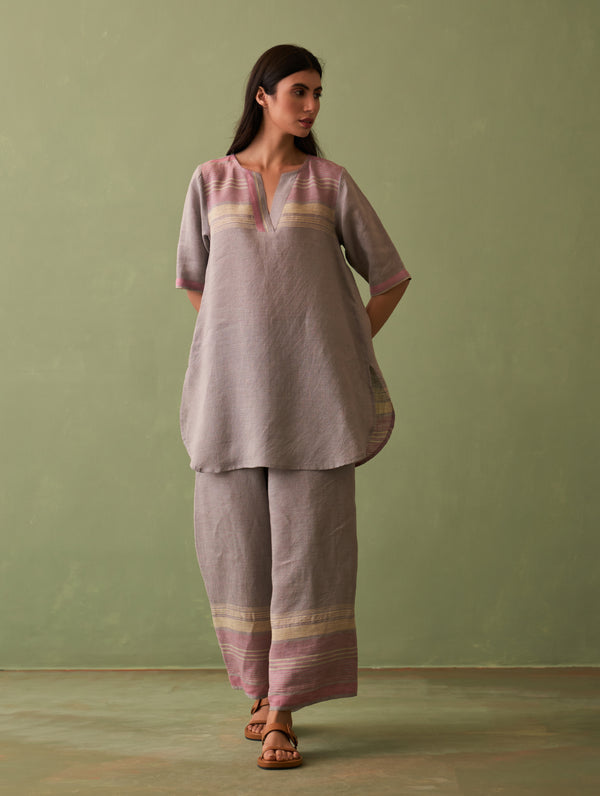 Zuri Border Linen Kurta Set - Ash