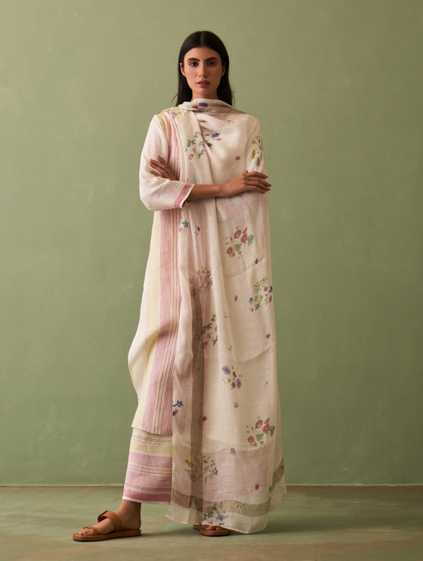 Sera Botanical Linen Dupatta - Ivory