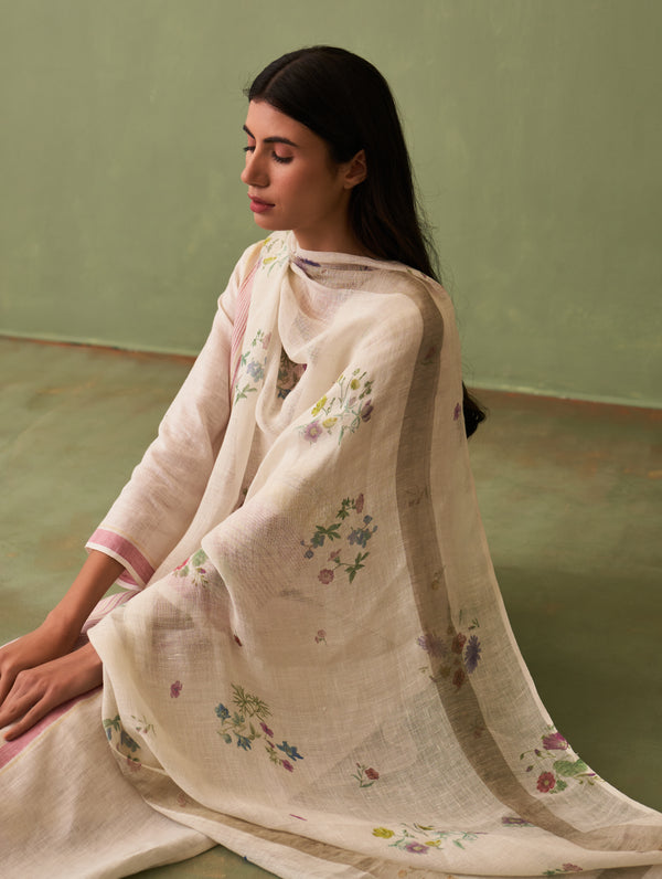 Sera Botanical Linen Dupatta - Ivory