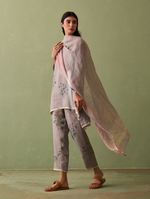 Riko Border Linen Dupatta - Ash