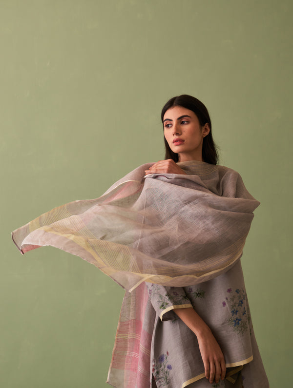 Riko Border Linen Dupatta - Ash