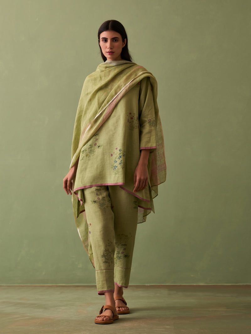 Riko Border Linen Dupatta - Fern